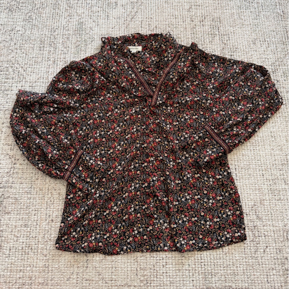Max Studio Black Floral Blouse with Front Neck Tie